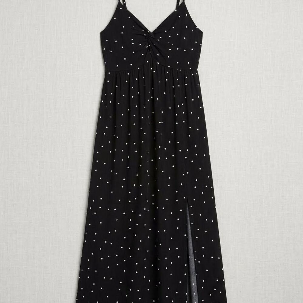 Saltwater Luxe Sonnie Twist-Front Polka Dot Midi Dress with Slit - Black Size L